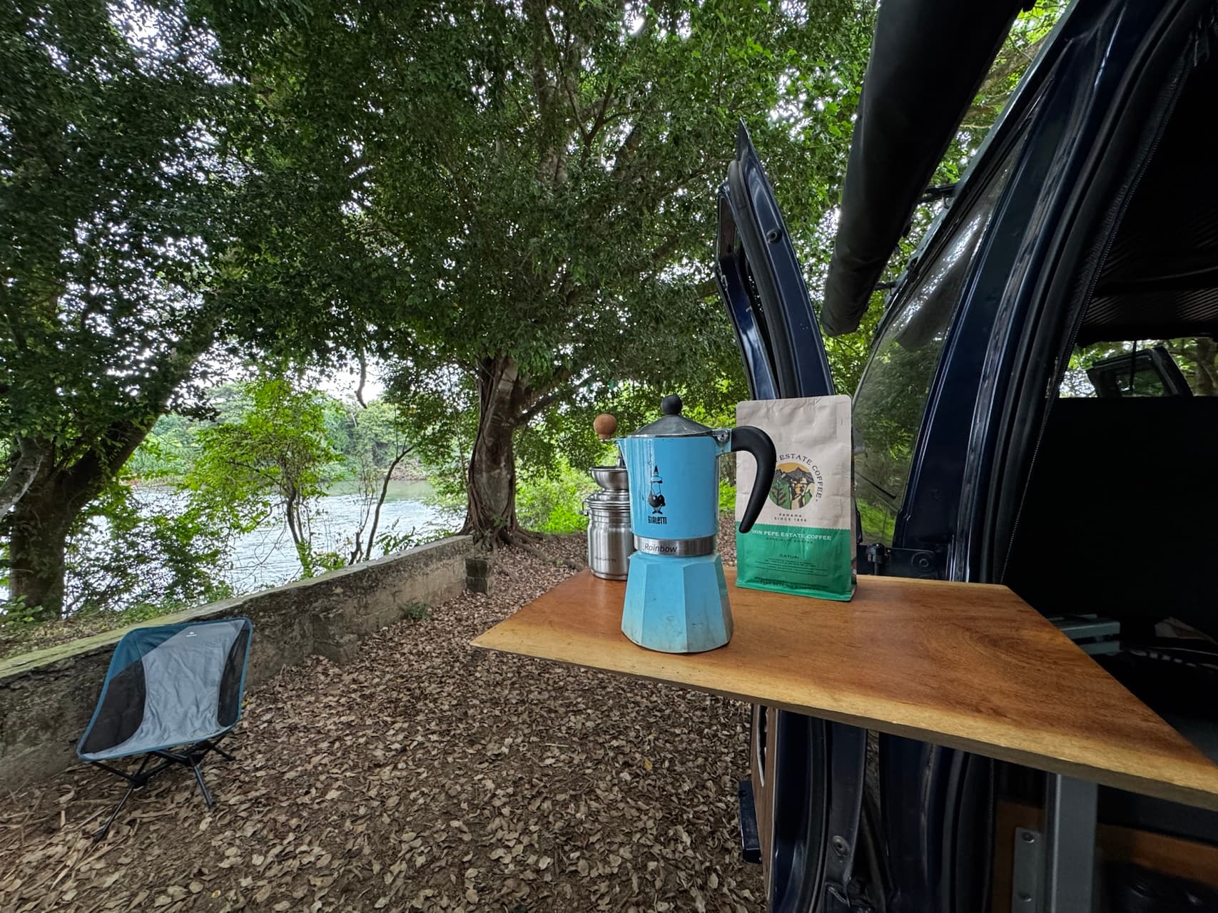 Overland adventure with coffee setup in nature